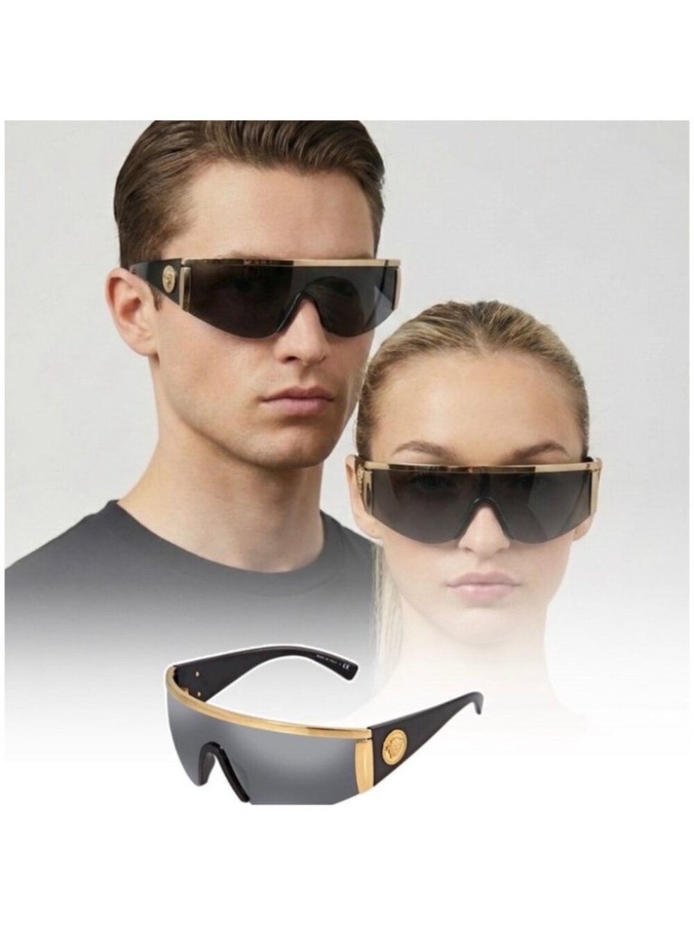 Versace VE2197 VersaceTM Shield Sunglasses Gold Frame Grey Mirror Lenses New